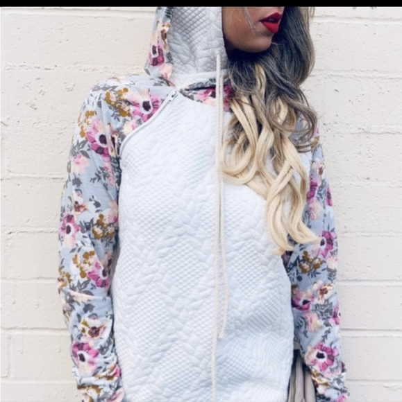 Double Hooded floral Hoodie with Floral Sleeves and Pockets - Picture 2 of 6